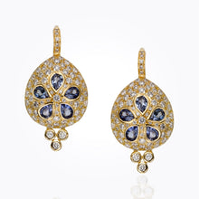 Load image into Gallery viewer, 18K Sea Biscuit Earrings with blue sapphire and diamond pavé