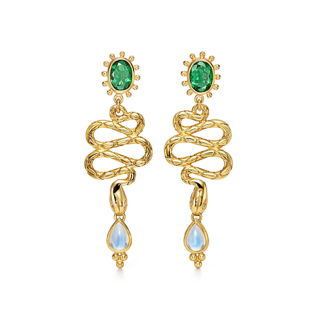 18K Serpent Drop Earrings with royal blue moonstone, tsavorite and diamond